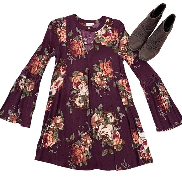 Altar'd State Burgundy W/Floral Print Bell Sleeve Boho Tunic/Dress - SIZE SMALL - Picture 1 of 6